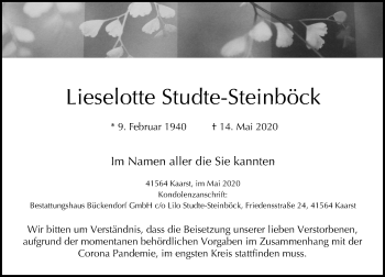 Traueranzeige von Lieselotte Studte-Steinböck von Rheinische Post