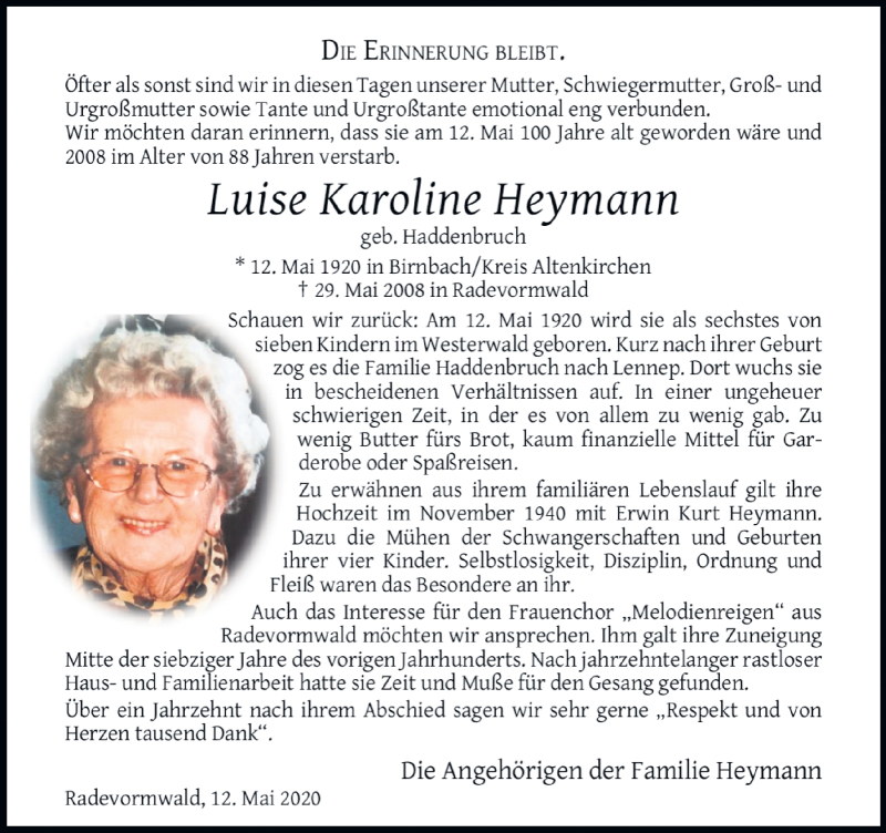  Traueranzeige für Luise Karoline Heymann vom 16.05.2020 aus Rheinische Post