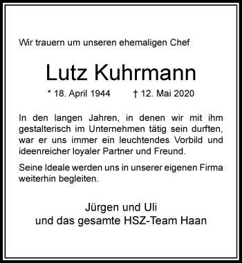Traueranzeige von Lutz Kuhrmann von Rheinische Post