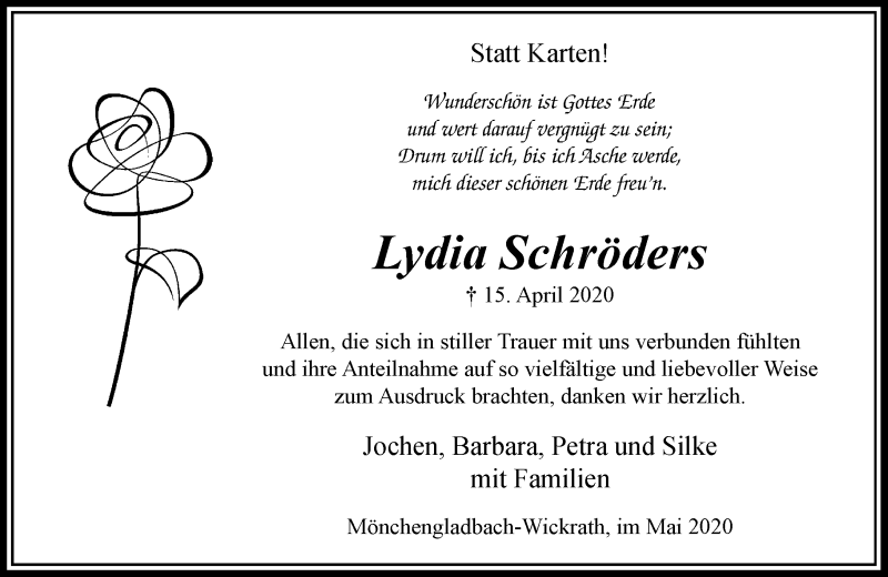  Traueranzeige für Lydia Schröders vom 30.05.2020 aus Rheinische Post