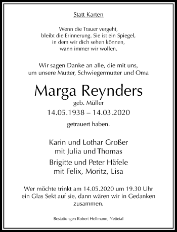 Traueranzeige von Marga Reynders von Rheinische Post