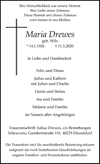 Traueranzeige von Maria Drewes von Rheinische Post