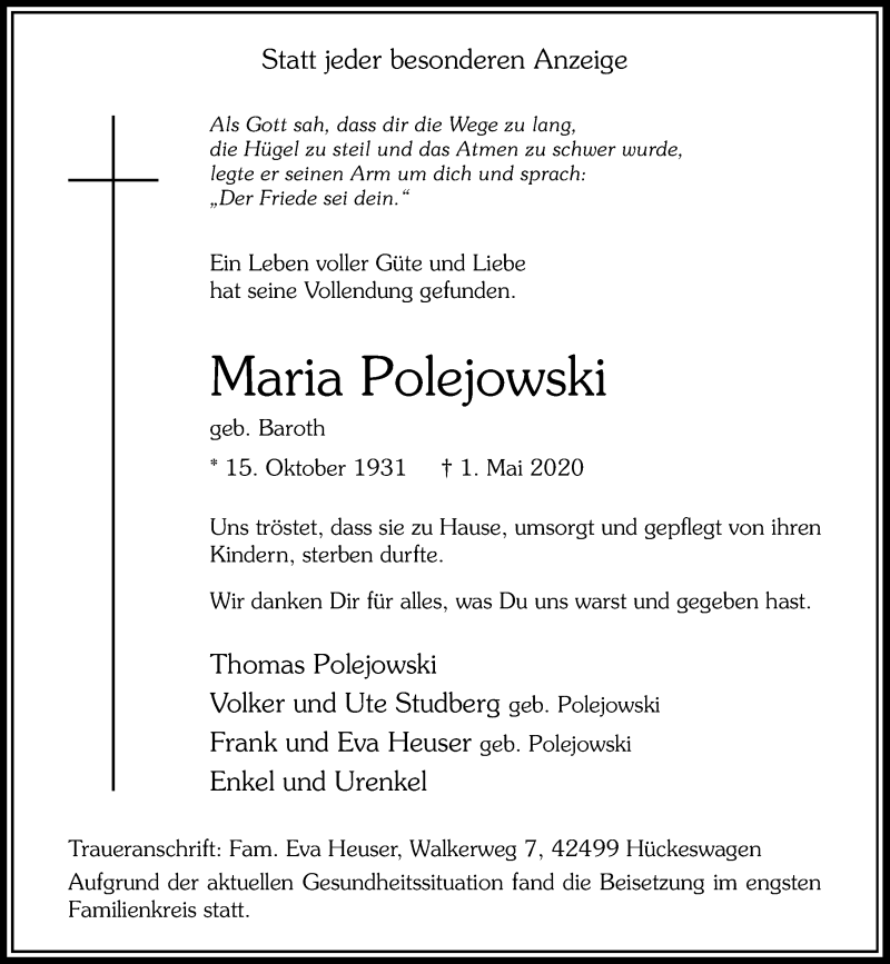  Traueranzeige für Maria Polejowski vom 09.05.2020 aus Rheinische Post