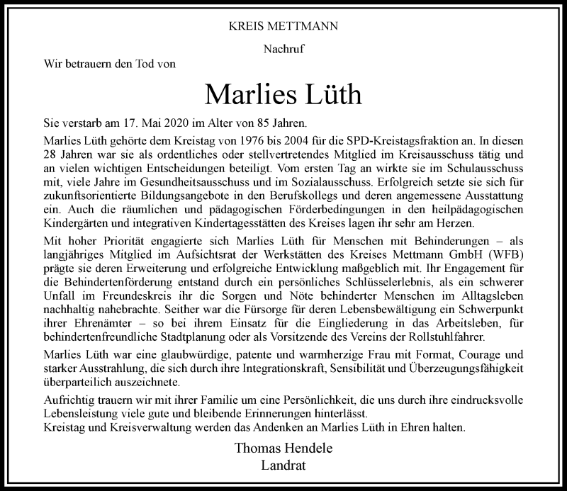  Traueranzeige für Marlies Lüth vom 23.05.2020 aus Rheinische Post