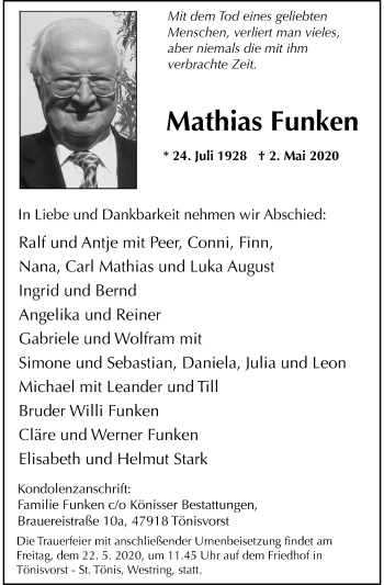 Traueranzeige von Mathias Funken von Rheinische Post