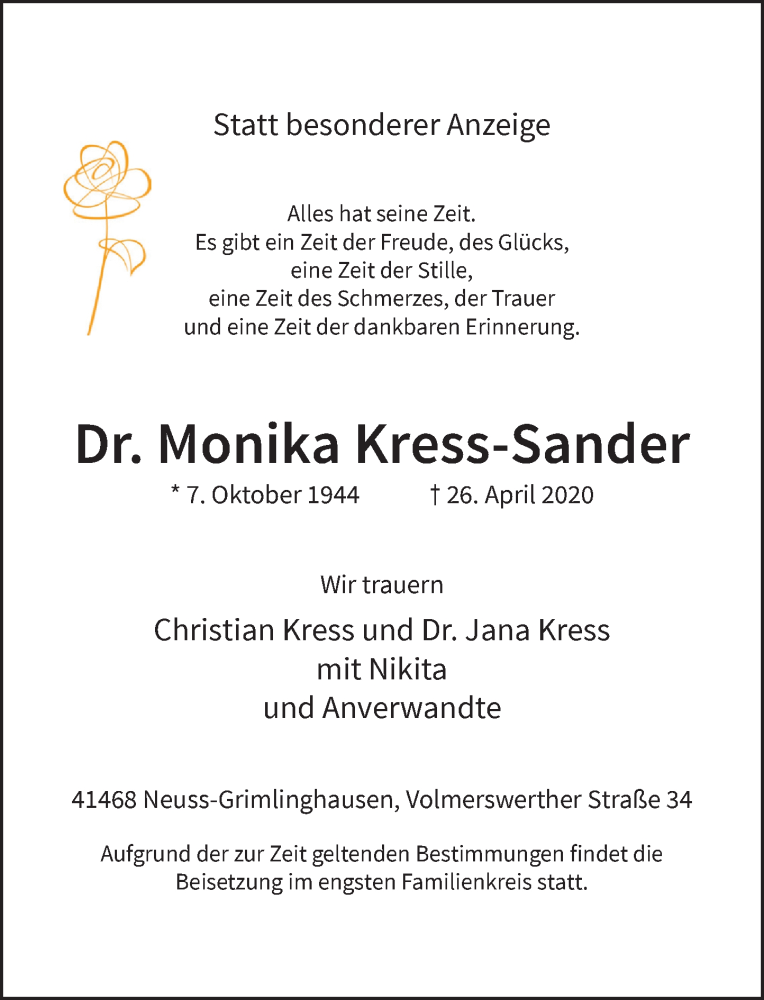  Traueranzeige für Monika Kress-Sander vom 02.05.2020 aus Rheinische Post