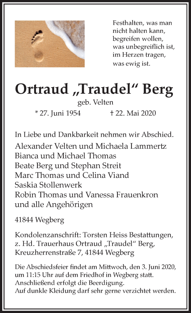  Traueranzeige für Ortraud Berg vom 30.05.2020 aus Rheinische Post