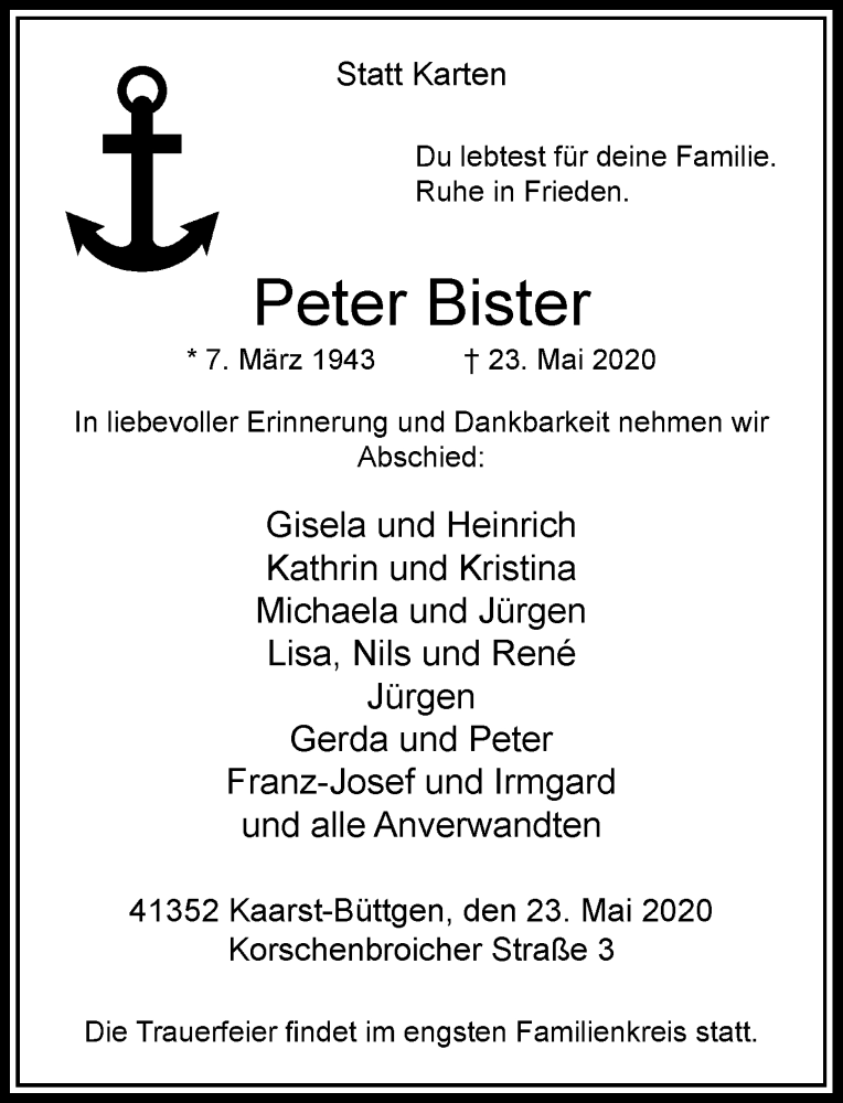  Traueranzeige für Peter Bister vom 30.05.2020 aus Rheinische Post