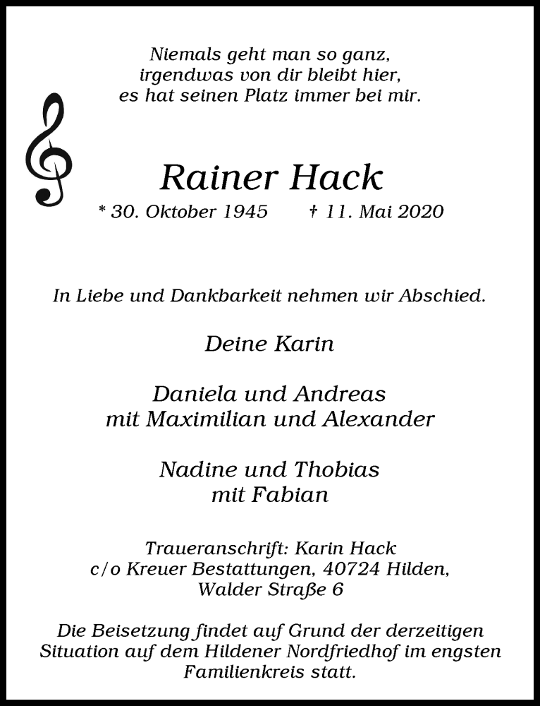  Traueranzeige für Rainer Hack vom 16.05.2020 aus Rheinische Post