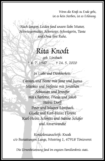 Traueranzeige von Rita Knodt von Rheinische Post