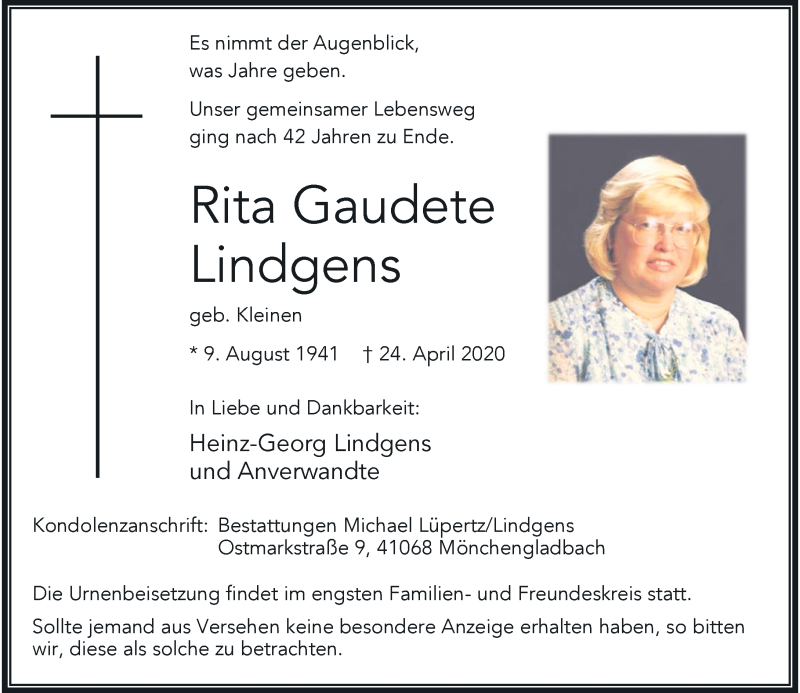  Traueranzeige für Rita Gaudete Lindgens vom 02.05.2020 aus Rheinische Post