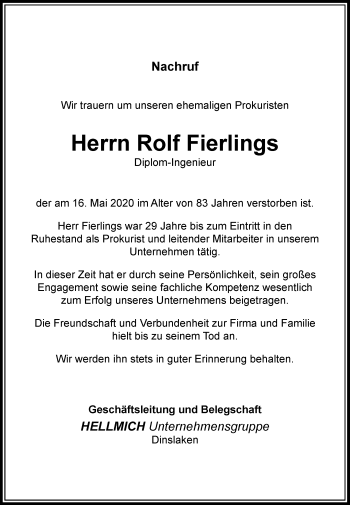 Traueranzeige von Rolf Fierlings von Rheinische Post