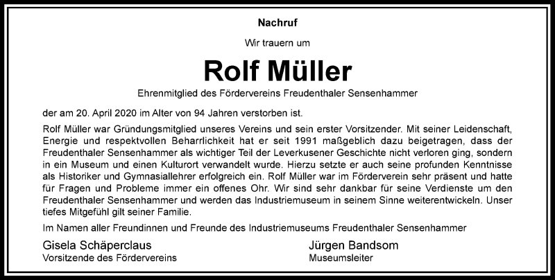  Traueranzeige für Rolf Müller vom 02.05.2020 aus Rheinische Post