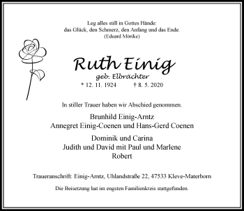 Traueranzeige von Ruth Einig von Rheinische Post