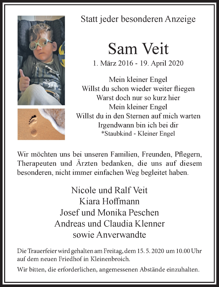  Traueranzeige für Sam Veit vom 09.05.2020 aus Rheinische Post