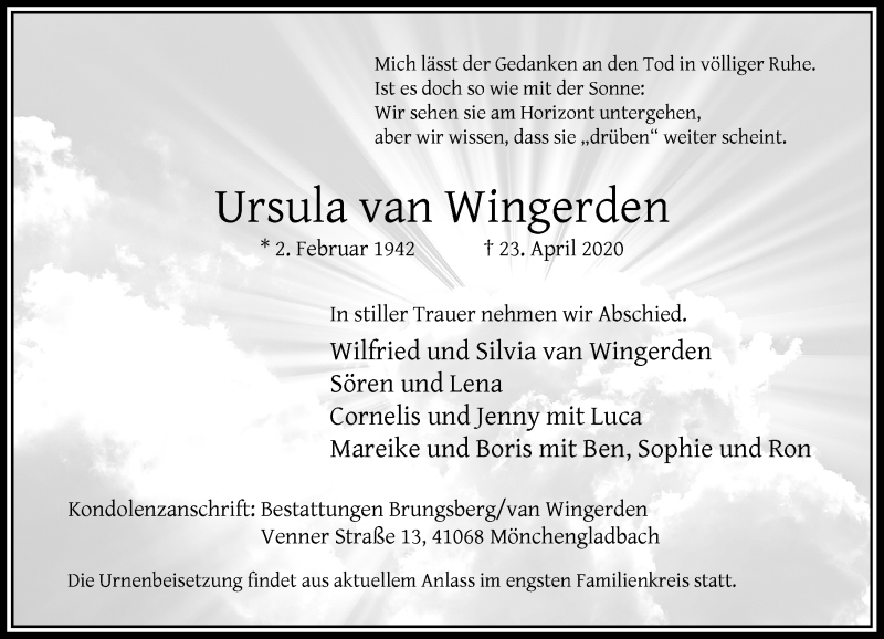  Traueranzeige für Ursula van Wingerden vom 09.05.2020 aus Rheinische Post