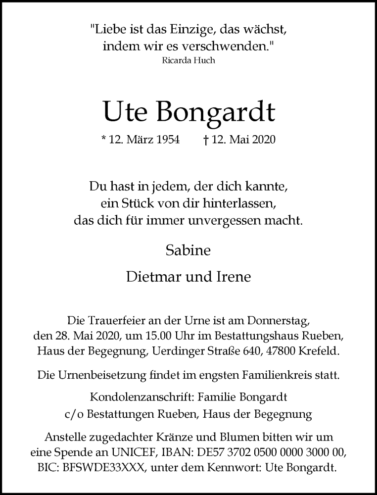  Traueranzeige für Ute Bongardt vom 23.05.2020 aus Rheinische Post