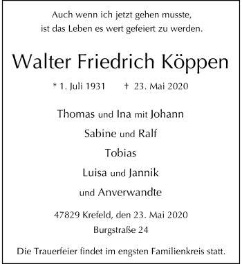 Traueranzeige von Walter Friedrich Köppen von Rheinische Post