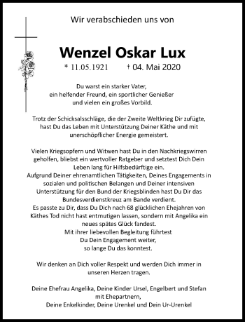 Traueranzeige von Wenzel Oskar Lux von Rheinische Post