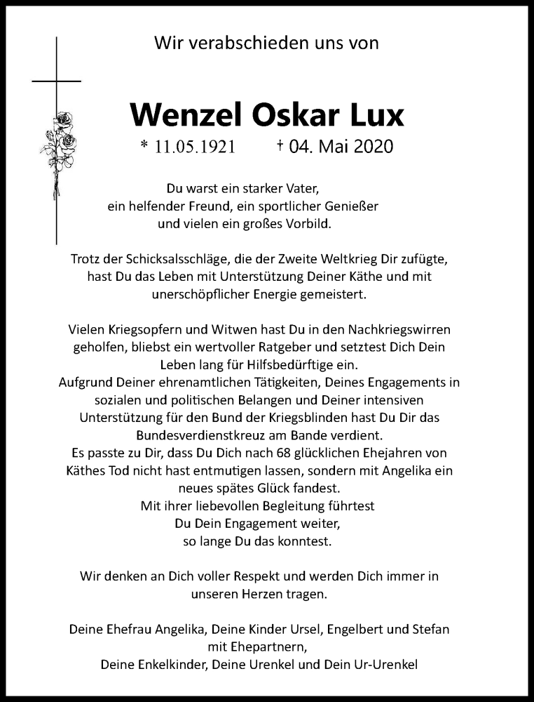  Traueranzeige für Wenzel Oskar Lux vom 09.05.2020 aus Rheinische Post