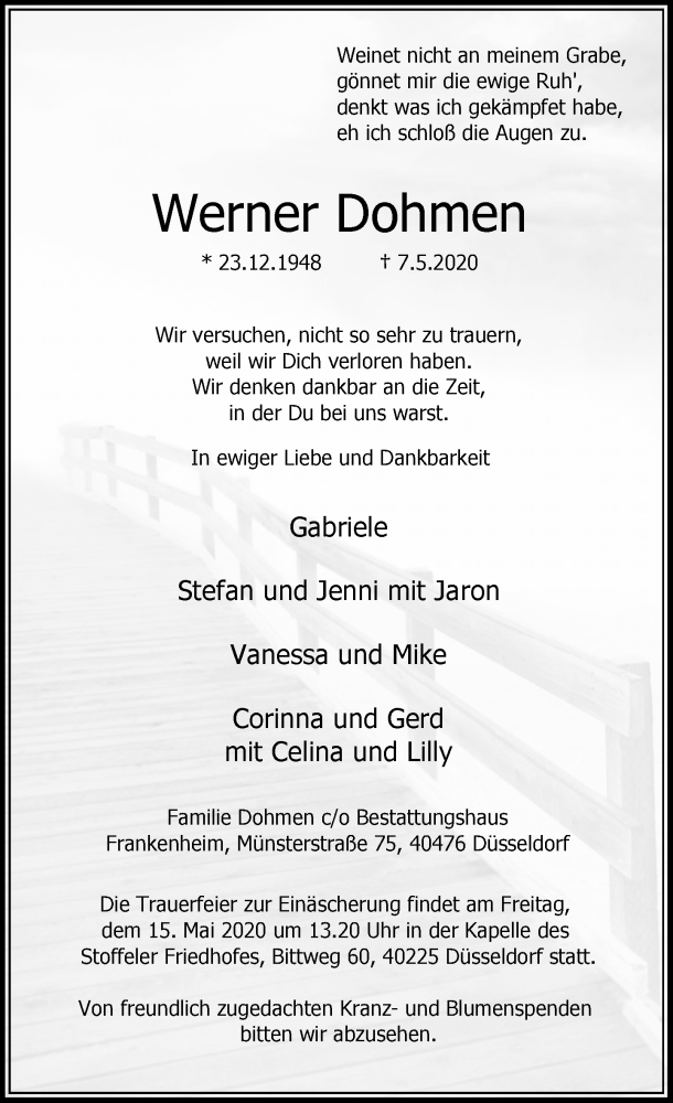  Traueranzeige für Werner Dohmen vom 13.05.2020 aus Rheinische Post