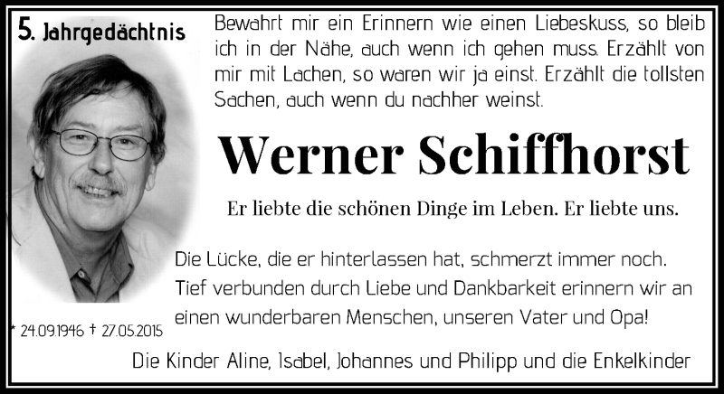  Traueranzeige für Werner Schiffhorst vom 30.05.2020 aus Rheinische Post