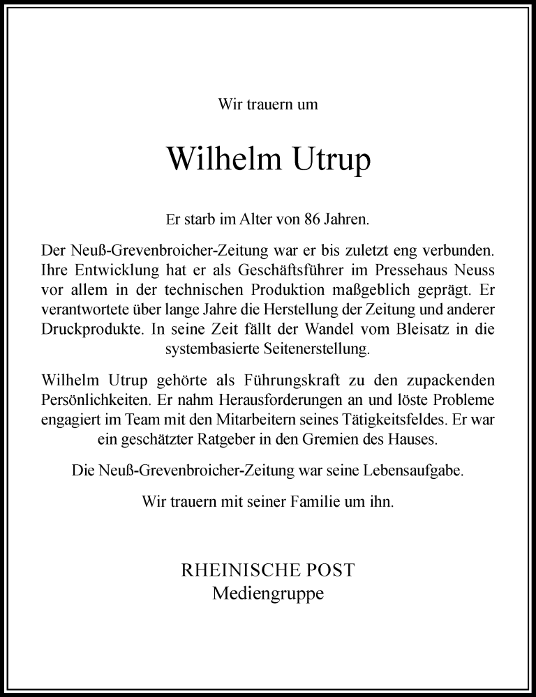  Traueranzeige für Wilhelm Utrup vom 20.05.2020 aus Rheinische Post