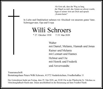 Traueranzeige von Willi Schroers von Rheinische Post