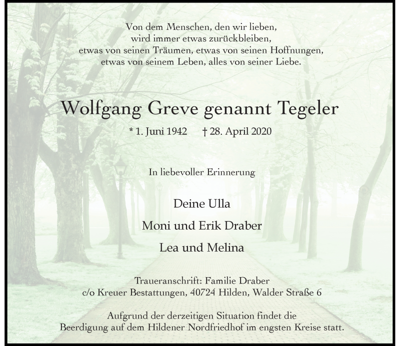  Traueranzeige für Wolfgang Greve vom 02.05.2020 aus Rheinische Post