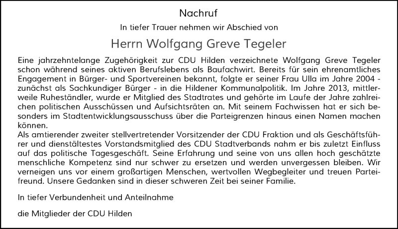  Traueranzeige für Wolfgang Greve Tegeler vom 06.05.2020 aus Rheinische Post