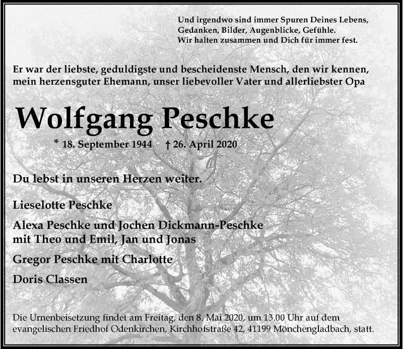  Traueranzeige für Wolfgang Peschke vom 02.05.2020 aus Rheinische Post