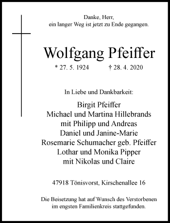 Traueranzeige von Wolfgang Pfeiffer von Rheinische Post