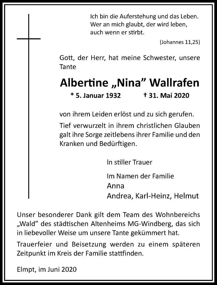  Traueranzeige für Albertine Wallrafen vom 06.06.2020 aus Rheinische Post