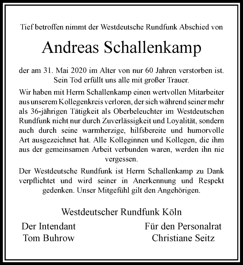  Traueranzeige für Andreas Schallenkamp vom 10.06.2020 aus Rheinische Post
