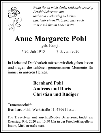 Traueranzeige von Anne Margarete Pohl von Rheinische Post