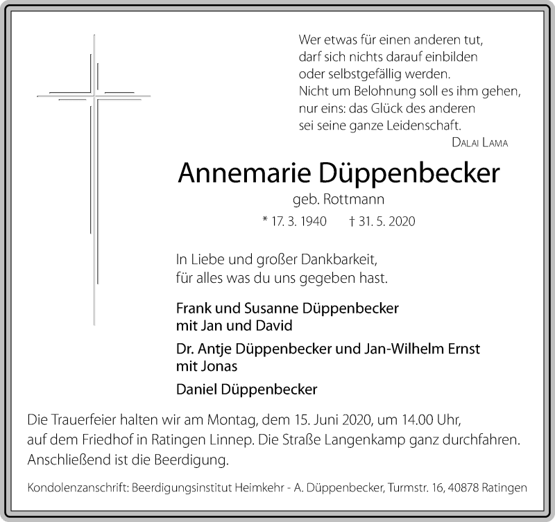  Traueranzeige für Annemarie Düppenbecker vom 06.06.2020 aus Rheinische Post
