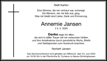 Traueranzeige von Annemie Jansen von Rheinische Post