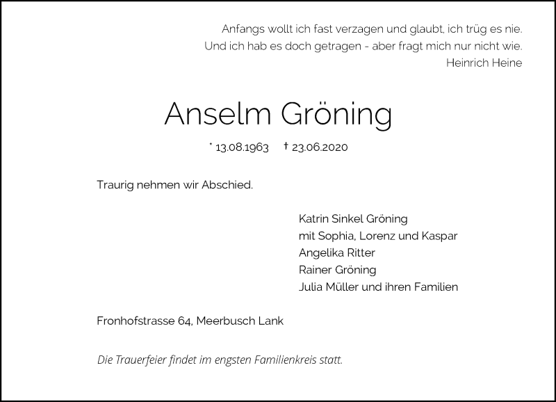  Traueranzeige für Anselm Gröning vom 27.06.2020 aus Rheinische Post