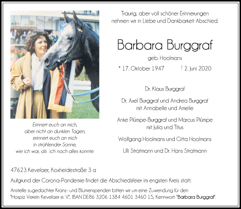  Traueranzeige für Barbara Burggraf vom 10.06.2020 aus Rheinische Post
