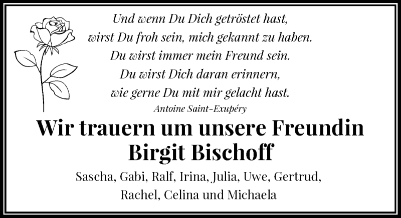  Traueranzeige für Birgit Bischoff vom 13.06.2020 aus Rheinische Post