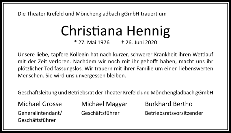  Traueranzeige für Christiana Hennig vom 30.06.2020 aus Rheinische Post