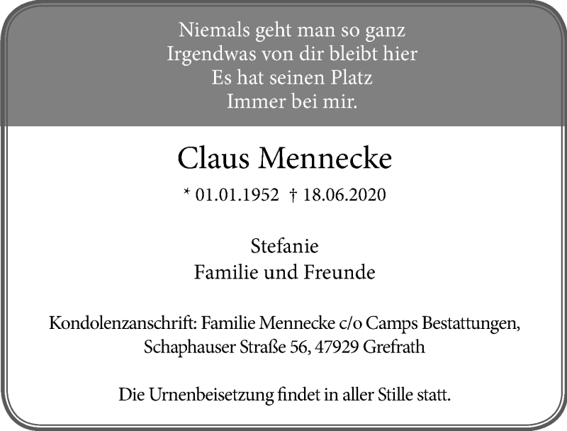  Traueranzeige für Claus Mennecke vom 20.06.2020 aus Rheinische Post