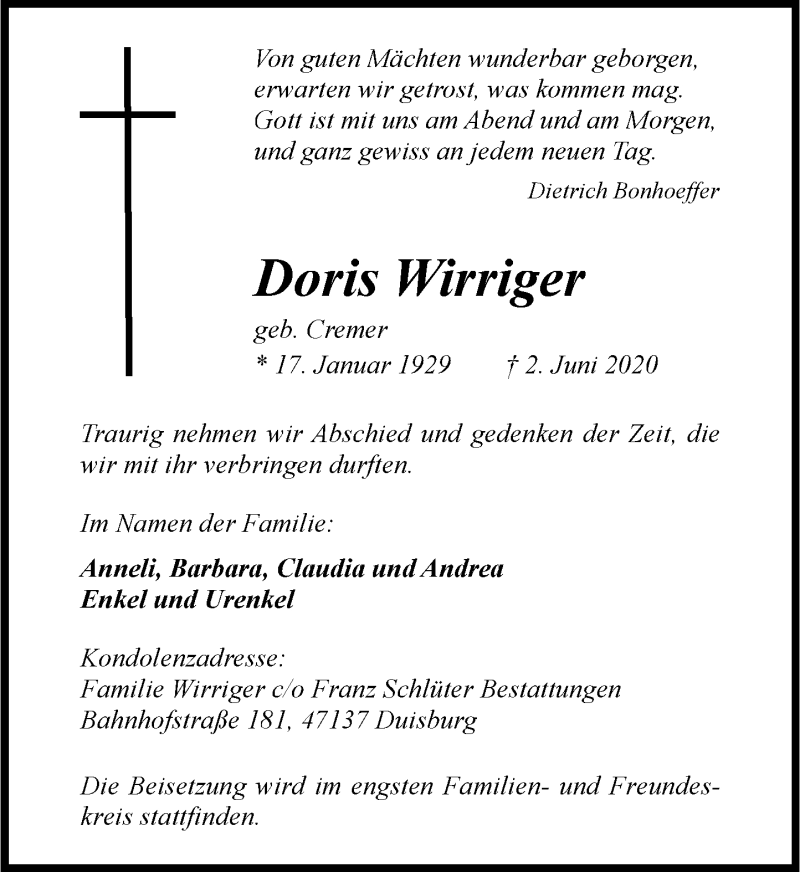  Traueranzeige für Doris Wirriger vom 06.06.2020 aus Rheinische Post