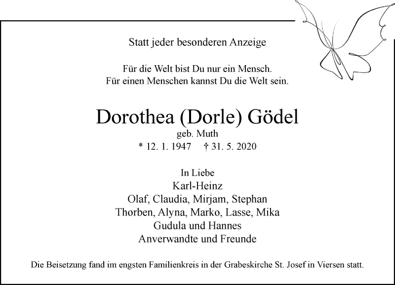  Traueranzeige für Dorothea  Gödel vom 13.06.2020 aus Rheinische Post