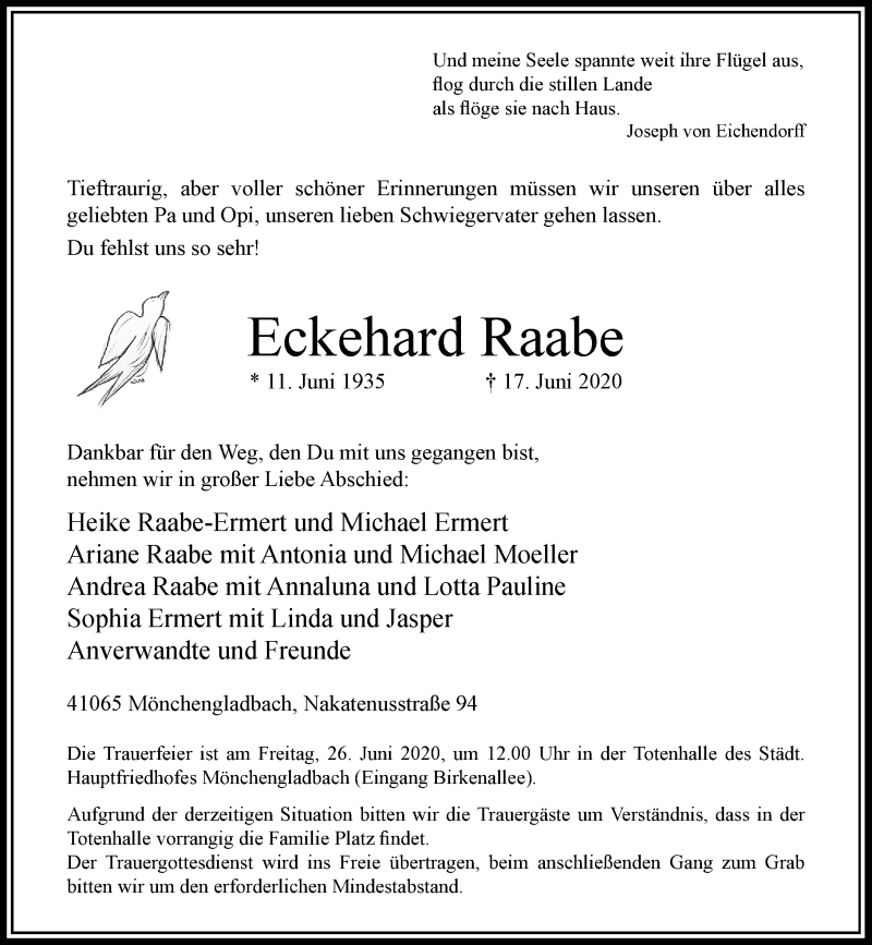 Traueranzeige für Eckehard Raabe vom 20.06.2020 aus Rheinische Post