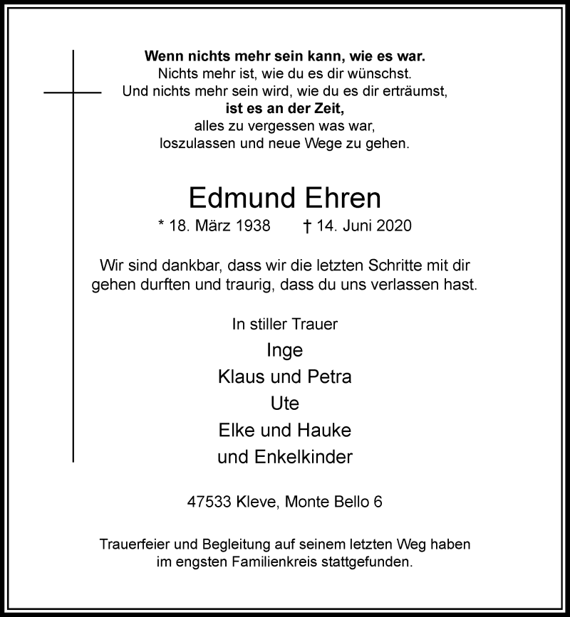  Traueranzeige für Edmund Ehren vom 27.06.2020 aus Rheinische Post