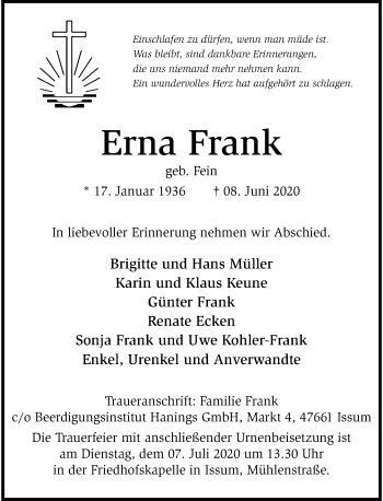 Traueranzeige von Erna Frank von Rheinische Post