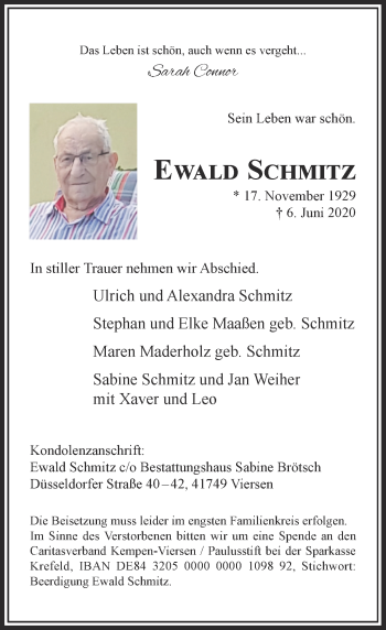 Traueranzeige von Ewald Schmitz von Rheinische Post
