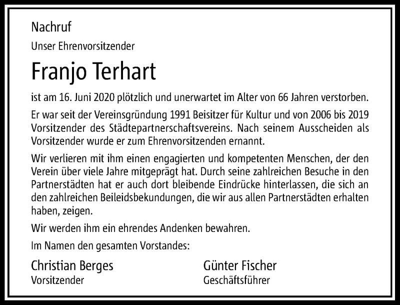  Traueranzeige für Franjo Terhart vom 26.06.2020 aus Rheinische Post