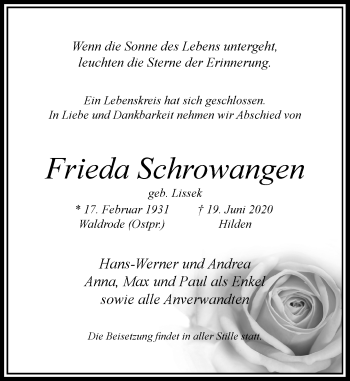 Traueranzeige von Frieda Schrowangen von Rheinische Post